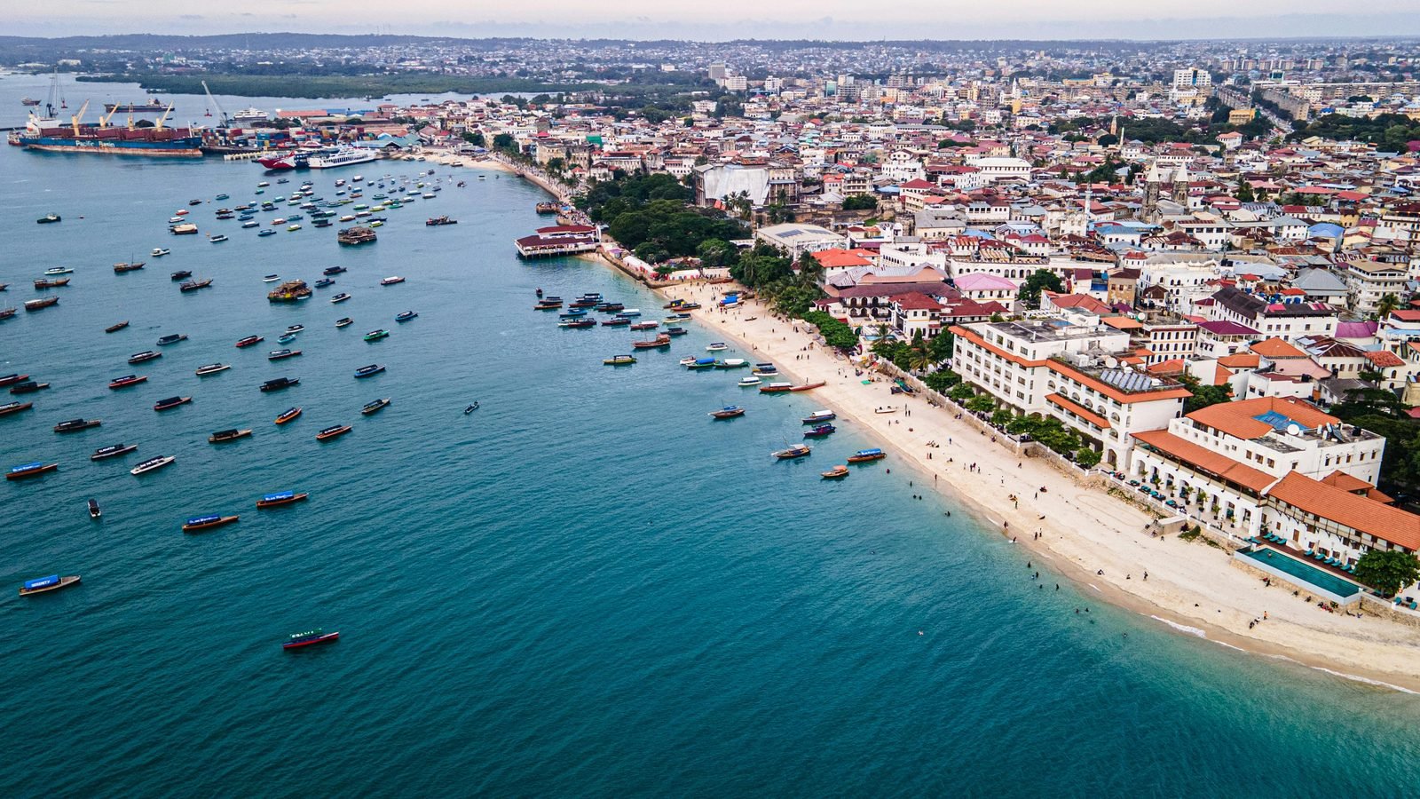 Aerial view of Stone Town Zanzibar and its beach